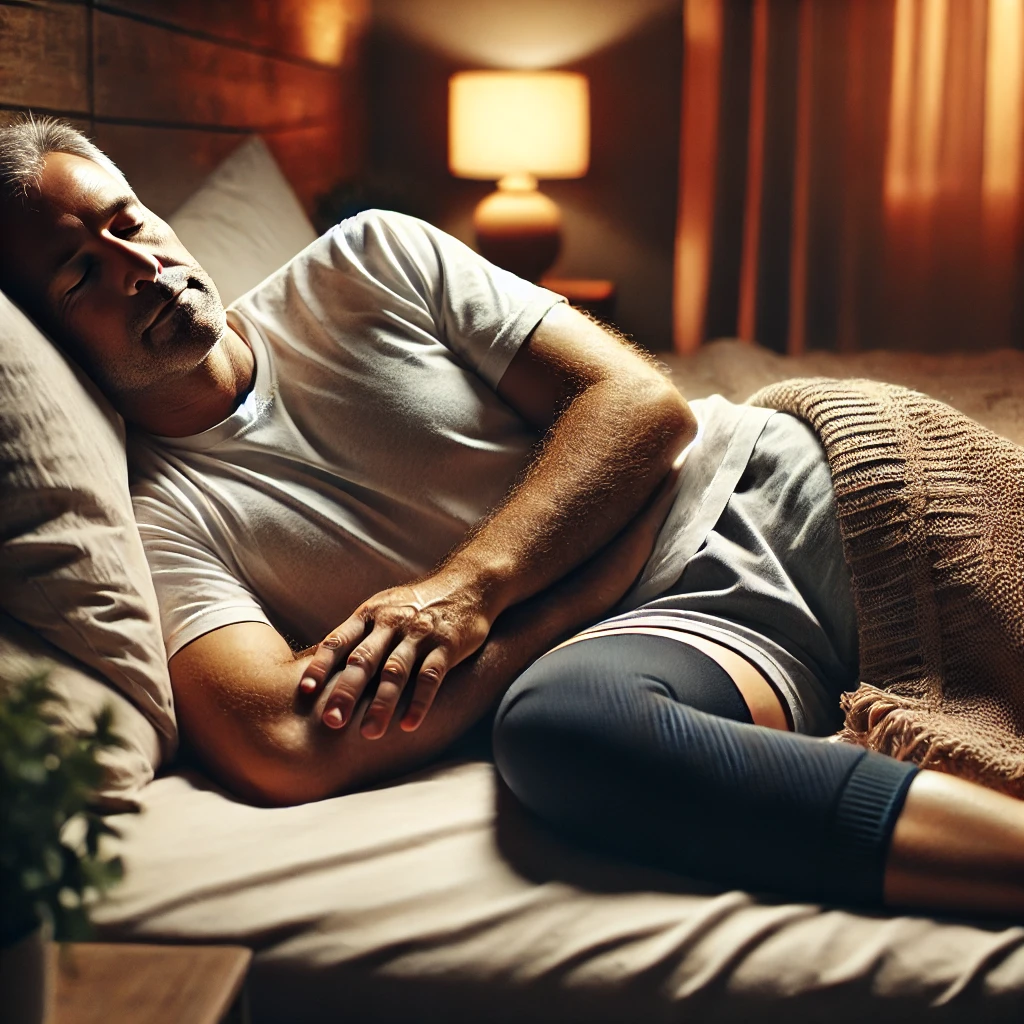 A man in bed wearing a knee sleeve for sleeping